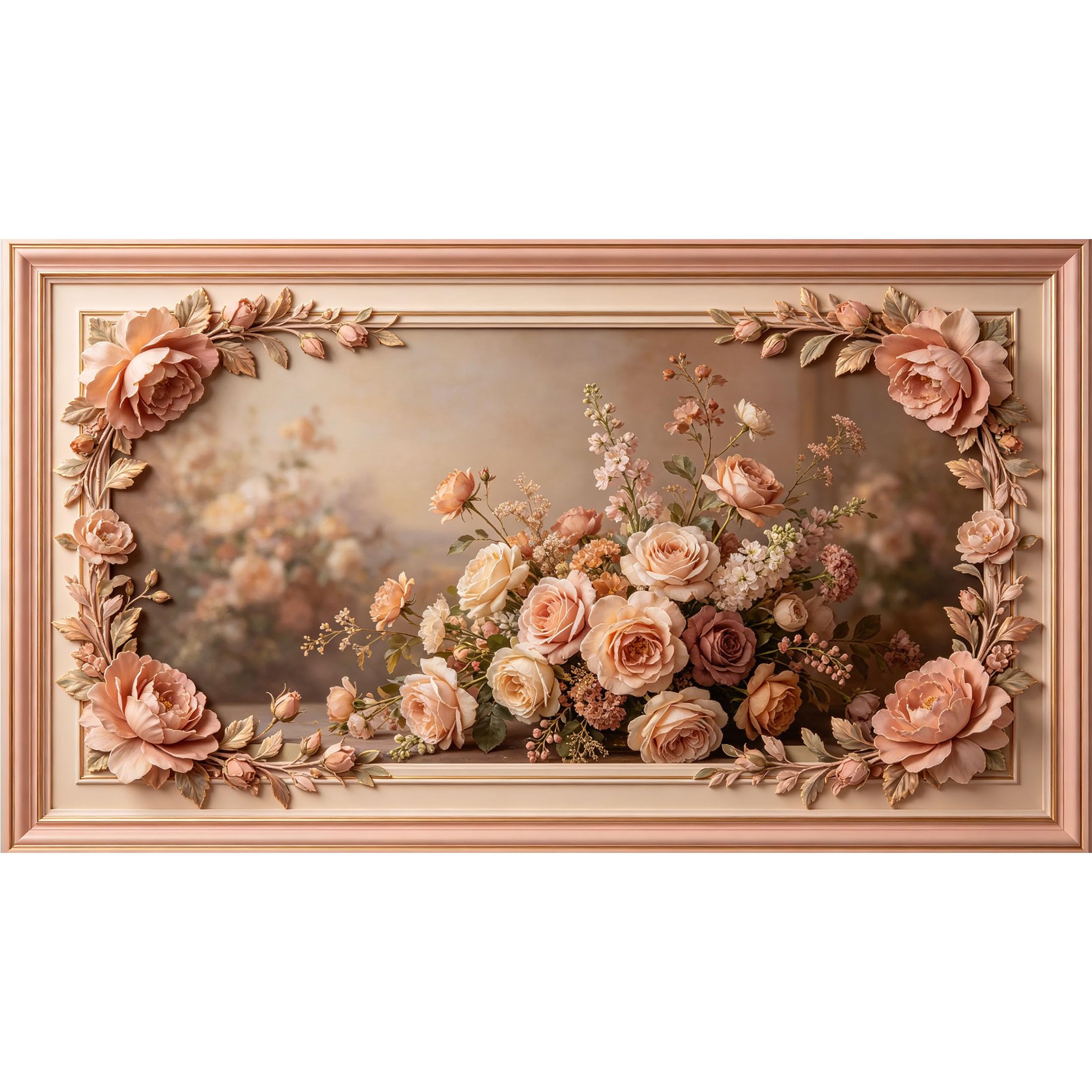 QZLITHOTIC 50x90cm3D Framed Wall Art， Vintage Botanical Rose Bouquet Self‑Adhesive Mural， Water‑Activated Peel & Stick Fabric Decor Wall Decal for Bedroom Living Room
