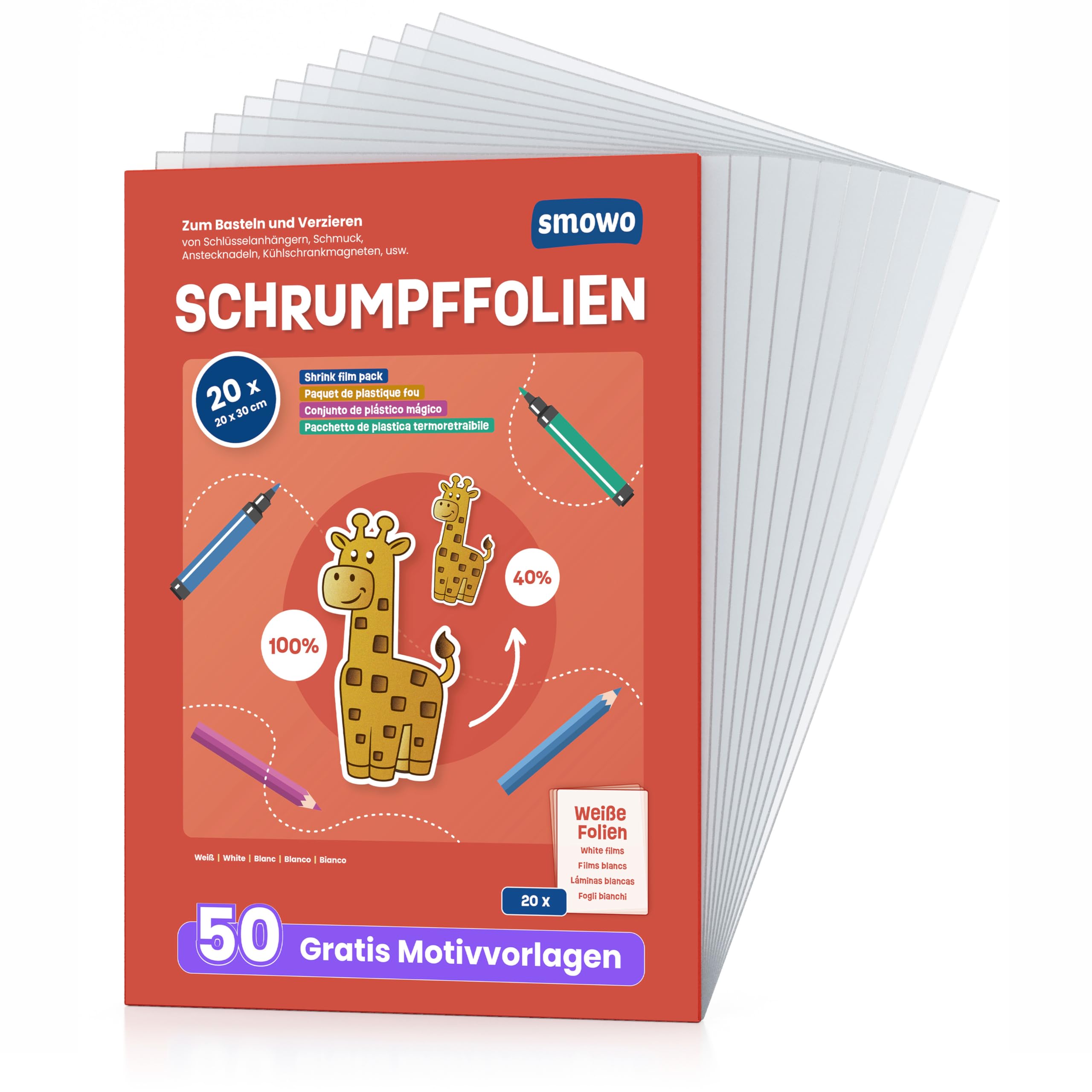 Smowo® 20 Stück Schrumpffolien transparent - schrumpfende Plastikfolien zum basteln - A4 schrumpffolienplatten matt