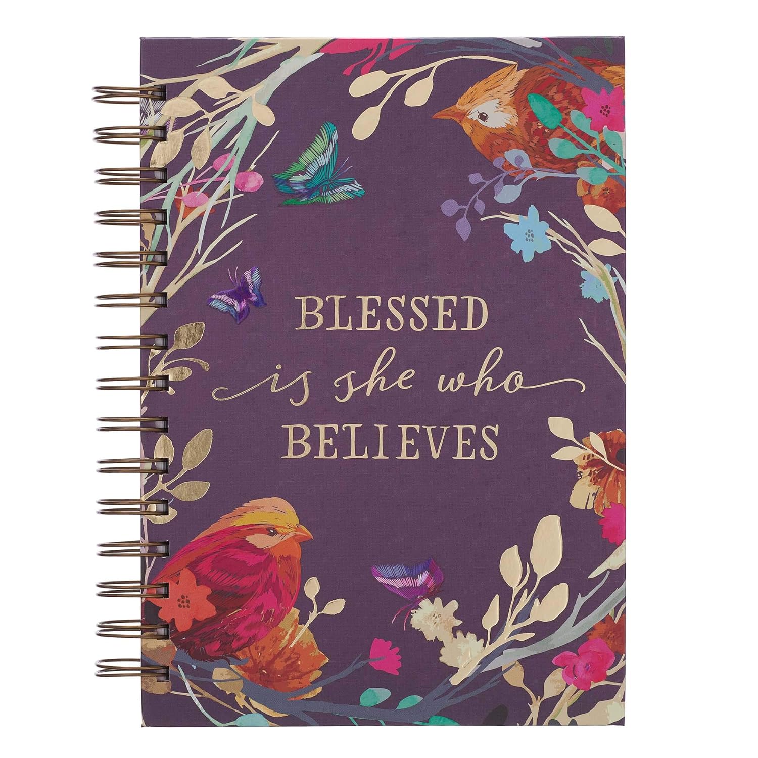 Inspirational Spiral Journal Notebook for Women Blessed Is She Who Believes Birds/Floral Eggplant Wire Bound w/192 Ruled Pages, Large Hardcover, With Love