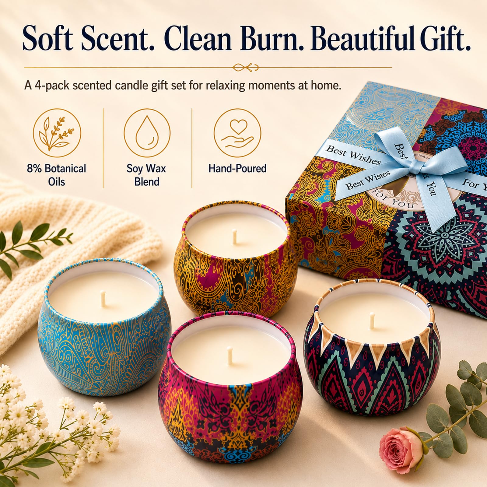 Scented Candles Gift Set, 8% Essential Oil, 4 Pack Aromatherapy Candle, Stress Relief Gifts for Women,120H Burning, Candles for Home Scented, Ideal for Birthday, Christmas, Thanksgiving, Mother's Day