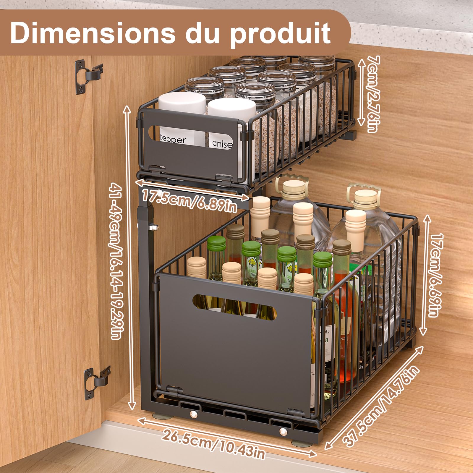 2 Niveaux Rangement Sous Évier,Organisateur Sous Evier Cuisine,Hauteur Réglable Rangement Sous Evier Cuisine,Coulissant Organisateur Sous Evier,pour Cuisines,Bureau, Bain (Noir,1 Pièce)