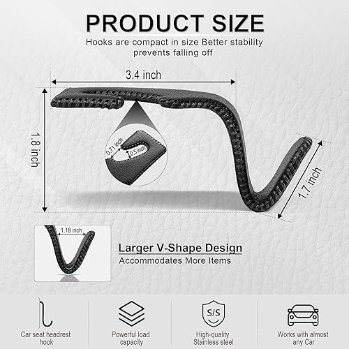 Miniatura 3 de LivTee Gancho para reposacabezas de automóvil, organizador de asiento trasero, gancho de soporte de cuero negro, accesorios interiores del automóvil