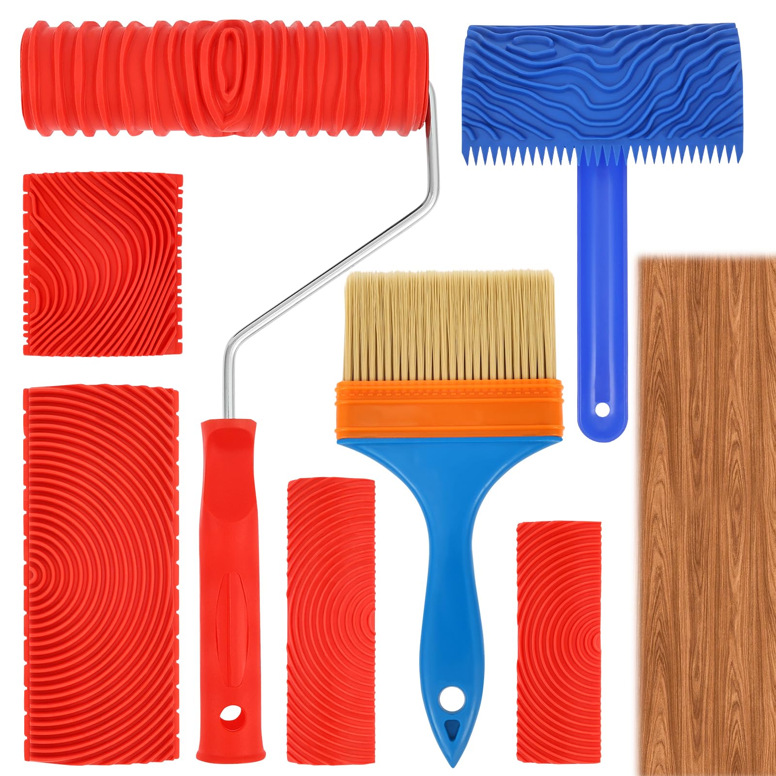 7 Pcs Wood Graining Painting Tool Set Rubber Empaistic Grain Pattern Roller with Handle Rubber Painting Tool Set for DIY Home Decoration with Empaistic Wood Grain Textured