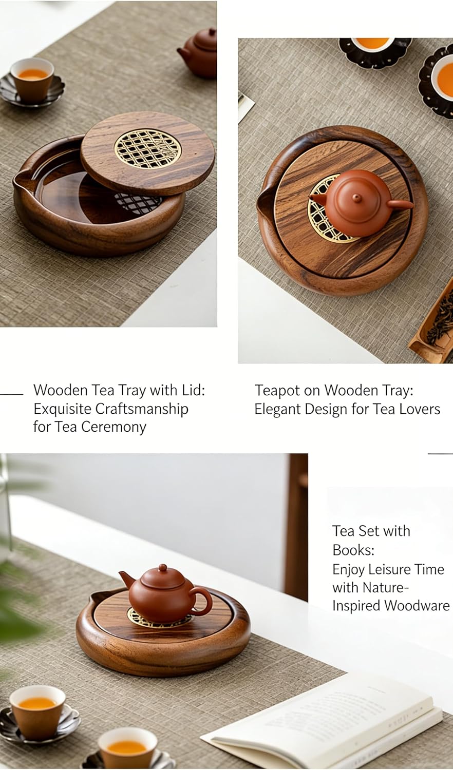 Walnut Wood Tea Tray with Brass Grid Lid - Round Serving Tray for Gongfu Tea, Elegant Tea Service Board for Home & Office
