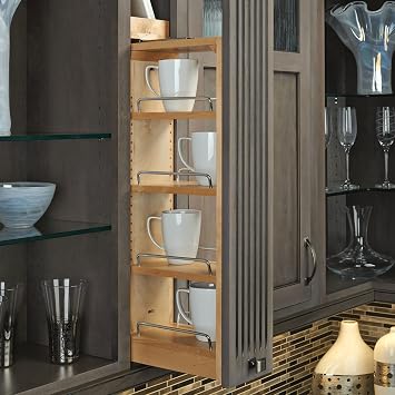 Rev-A-Shelf 6 W x 39 H Pull Out Quad Shelf Organizer for Wall & Base Kitchen Cabinets, Full Extension Filler Spice Rack, Adjustable, Wood, 432-WF39-6C