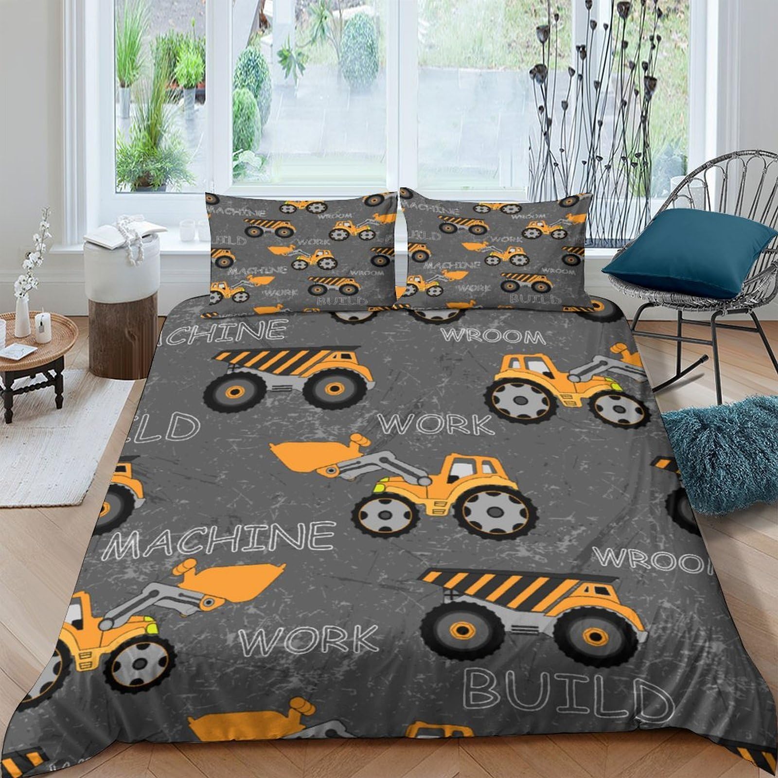 Ctjqhvkz Style-5 3D Printed Construction Truck Fitted Sheet Microfiber Grey Yellow Cartoon Bed Cover Anti-Slip For Bedroom Dorm Home Single（135X200cm）
