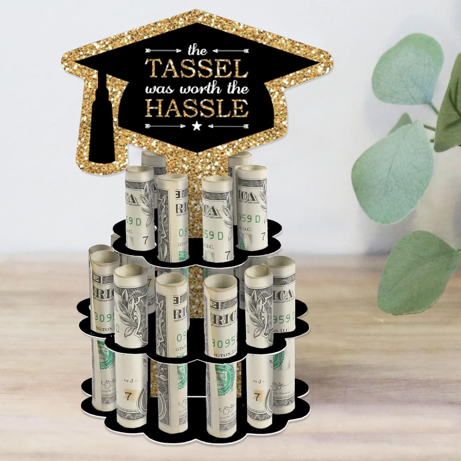Big Dot of Happiness Graduation Money Gift Holder - DIY Celebration Cash Cake Stand with 20 Bill Slots, Decorative 2-Tier Cap Design, Party Display Centerpiece - Tassel Worth The Hassle