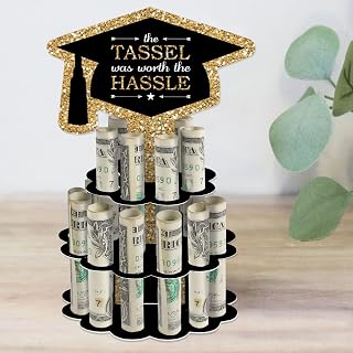 Big Dot of Happiness Graduation Money Gift Holder - DIY Celebration Cash Cake Stand with 20 Bill Slots, Decorative 2-Tier Cap Design, Party Display Centerpiece - Tassel Worth The Hassle
