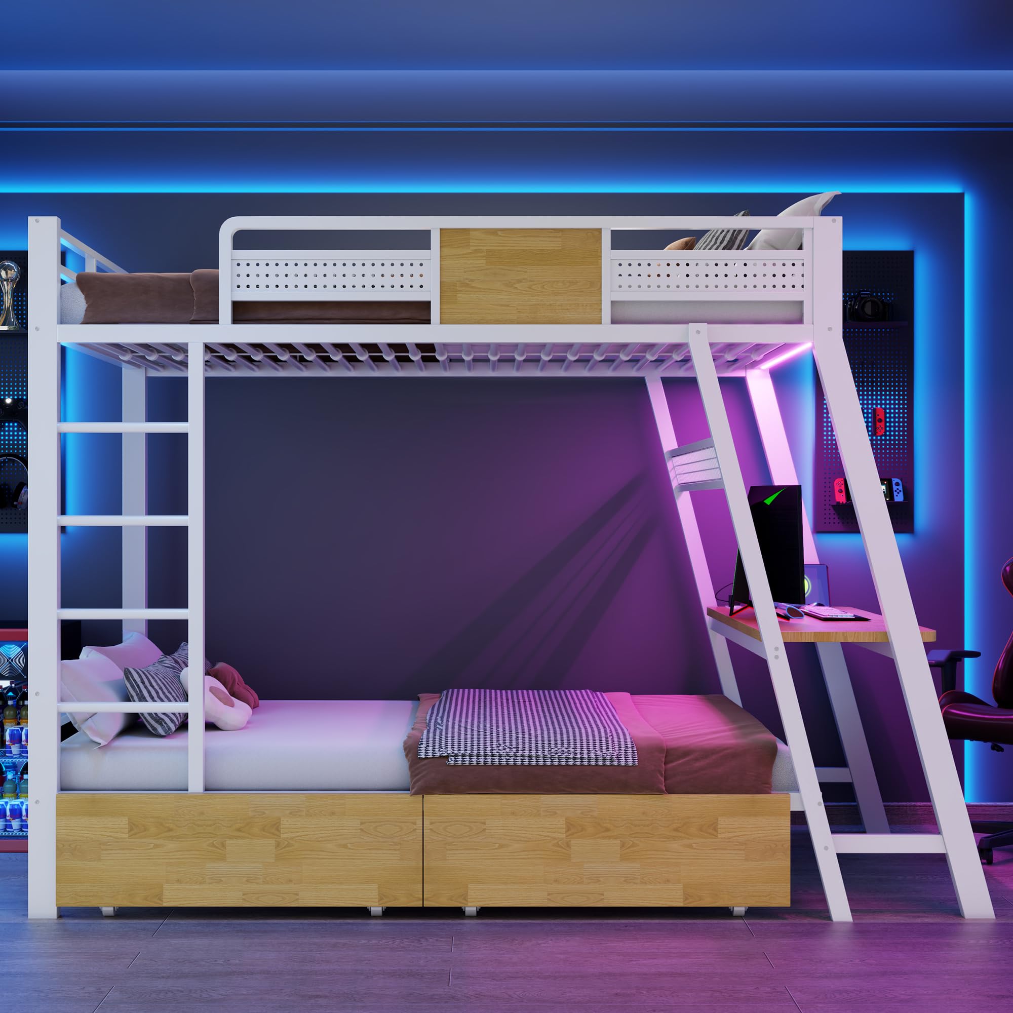 Azkoeesy Letto a castello in metallo resistente con scrivania e presa USB, cassetti su ruote, luci LED RGB con controllo App, Pannello a griglia, per adolescenti e adulti, colore bianco, 90x200 cm