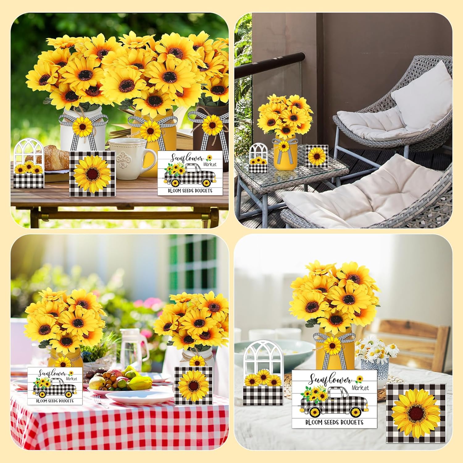 12 Sets Sunflower Mason Jar Centerpiece for Table Summer Sunflower Decor with Artificial Flowers Farmhouse Wooden Table Centerpieces Rustic Tiered Tray Decor for Home Wedding Kitchen Dining Decoration