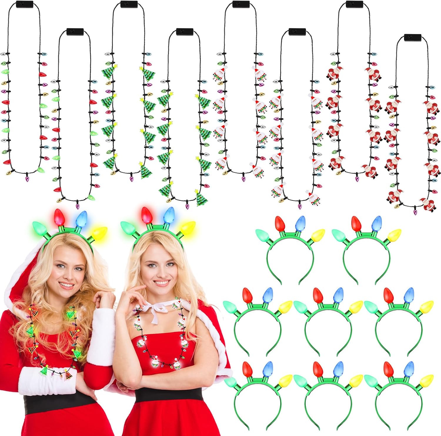 16 Pcs Christmas Light Necklace and Headband Light up Flashing