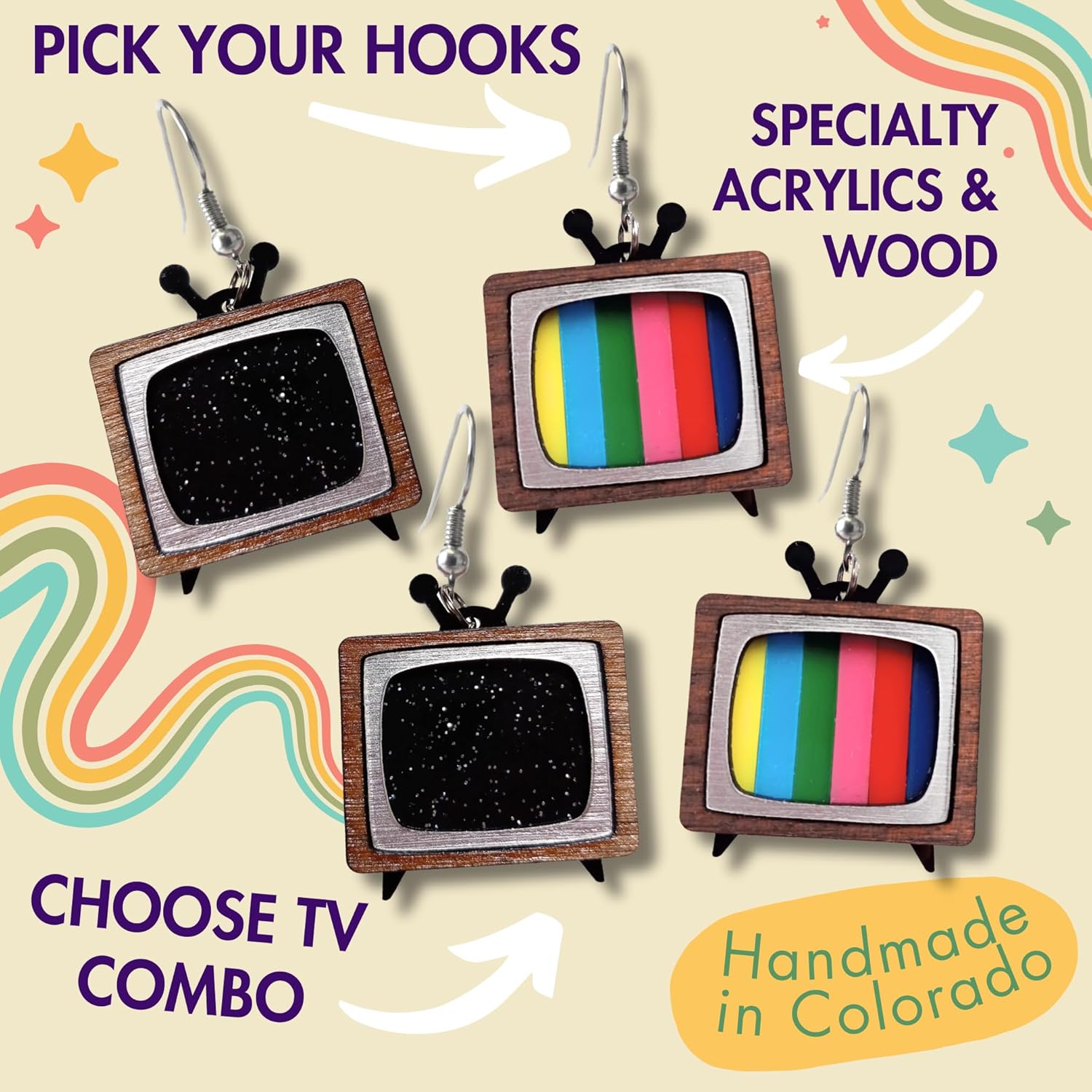 Retro TV Dangle Earrings, Mismatched CRT Television Station Gen X Weird Nostalgic Jewelry