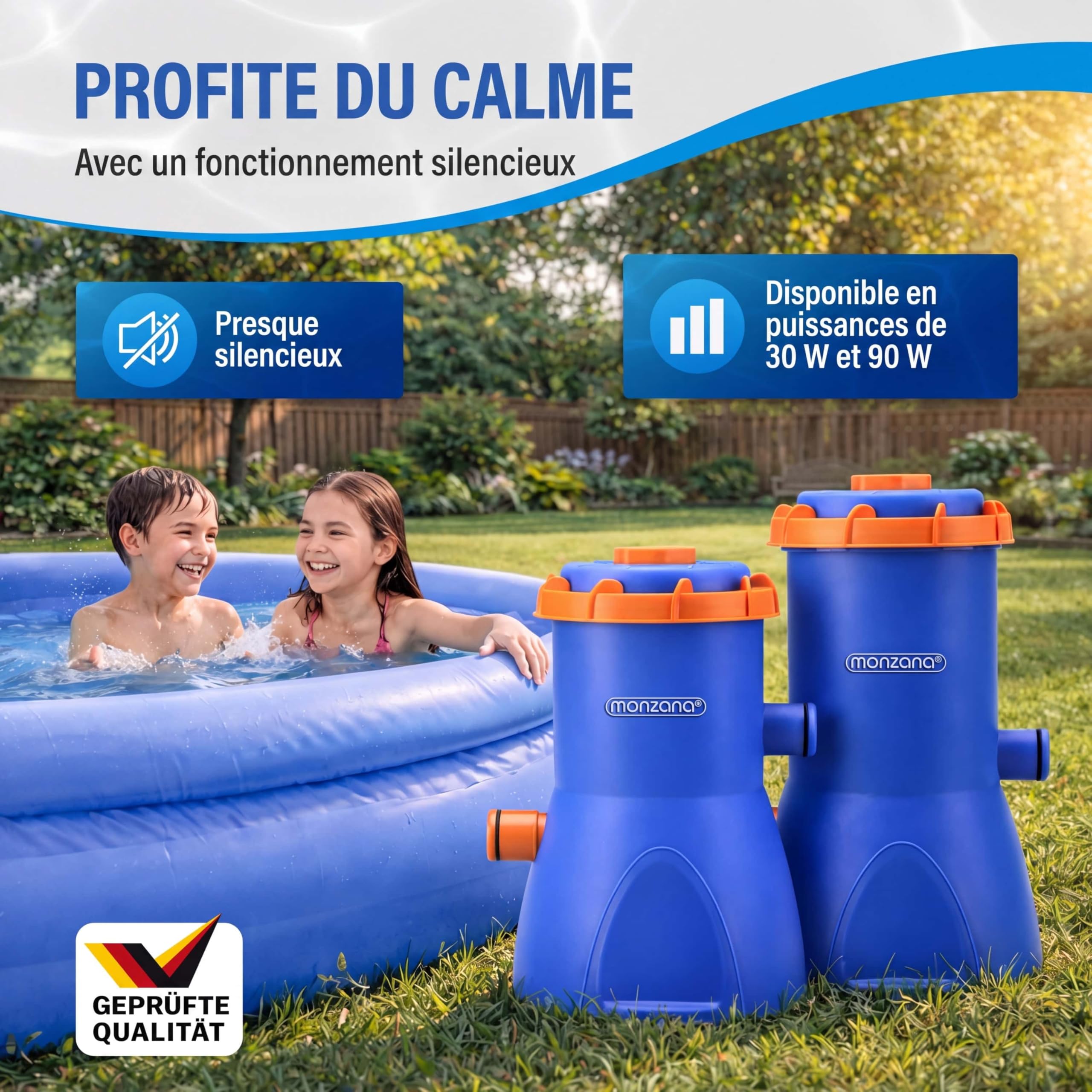 Monzana Pompe de Filtration pour Piscine MZP90 3.800 l/h Puissance 90W Cartouche de Filtration filtrante tuyaux Pompe Piscine Eau