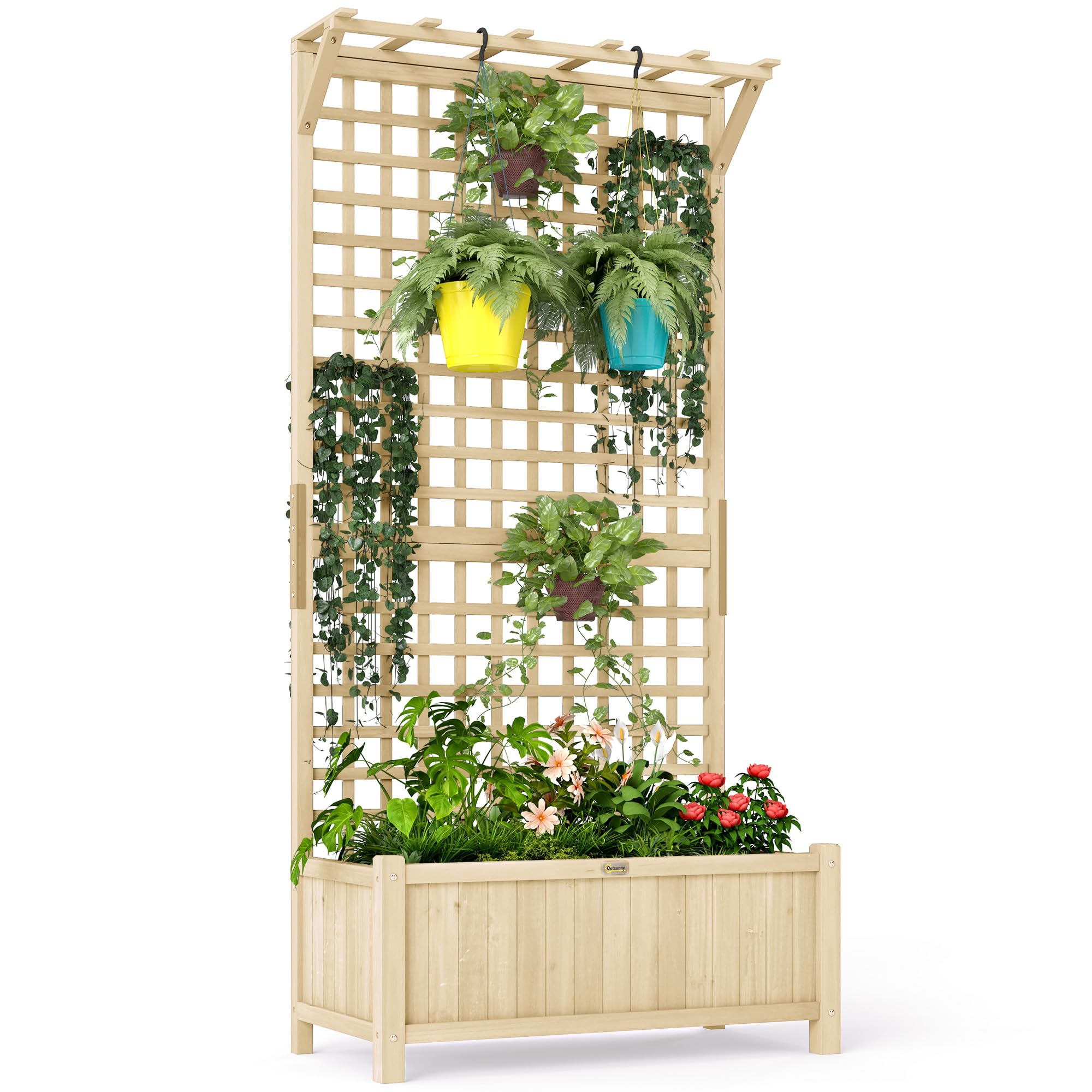 Outsunny Natural Wood Planter With Trellis For Climbing Plants, Raised Bed, Planter Box With Drainage Holes To Grow Vegetables, Herbs And Flowers For Garden, Patio, Yard, Wood Finish