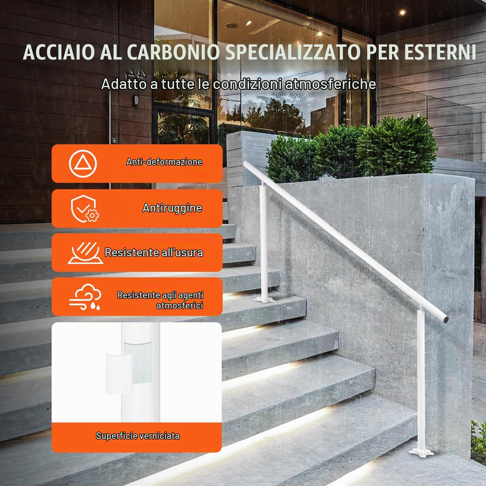 VEVOR Kit di Corrimano per Scale da Esterno Interno Bianco in Alluminio Adattabile 0-5 Gradini, Corrimano con Palo Doppio Lunghezza 152,8cm Altezza 91cm Massimo 5 Gradini, Corrimano in Allumino Bianco