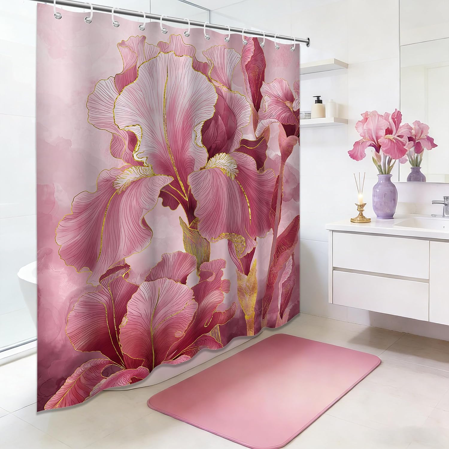 Spring Burgundy Floral Shower Curtain Dark Pink Gold Iris Abstract Watercolor Flower Shower Curtains for Bathroom Decor, Waterproof Cloth Fabric with Hooks 70" Wx72 L image 3
