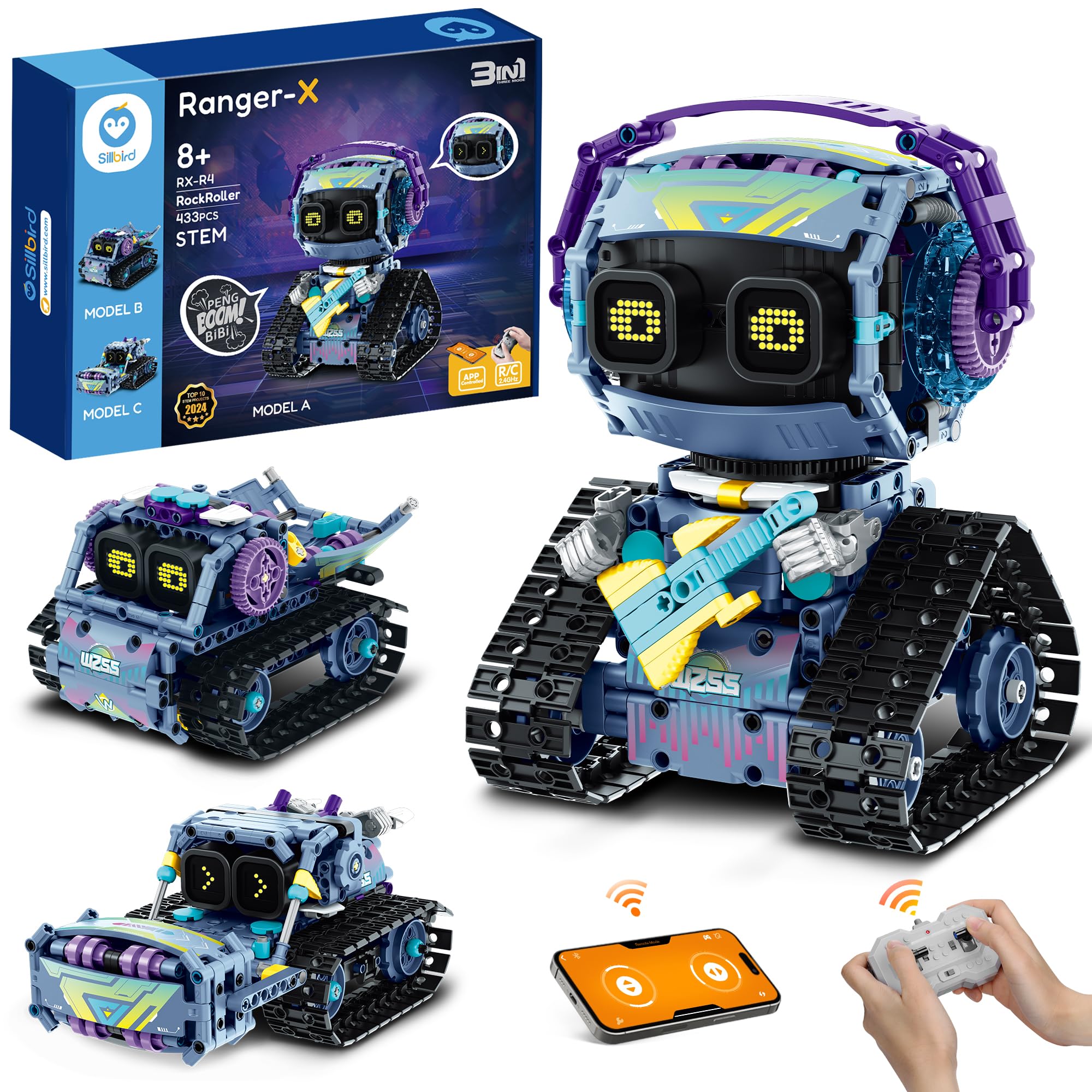 Sillbird Technic Robot Transformable Controlado para Niños, 3 en 1 Stem Juguetes de Construcción con Programación, Ideas de Regalos para Niños de 8 a 12 + Años (433 Piezas)