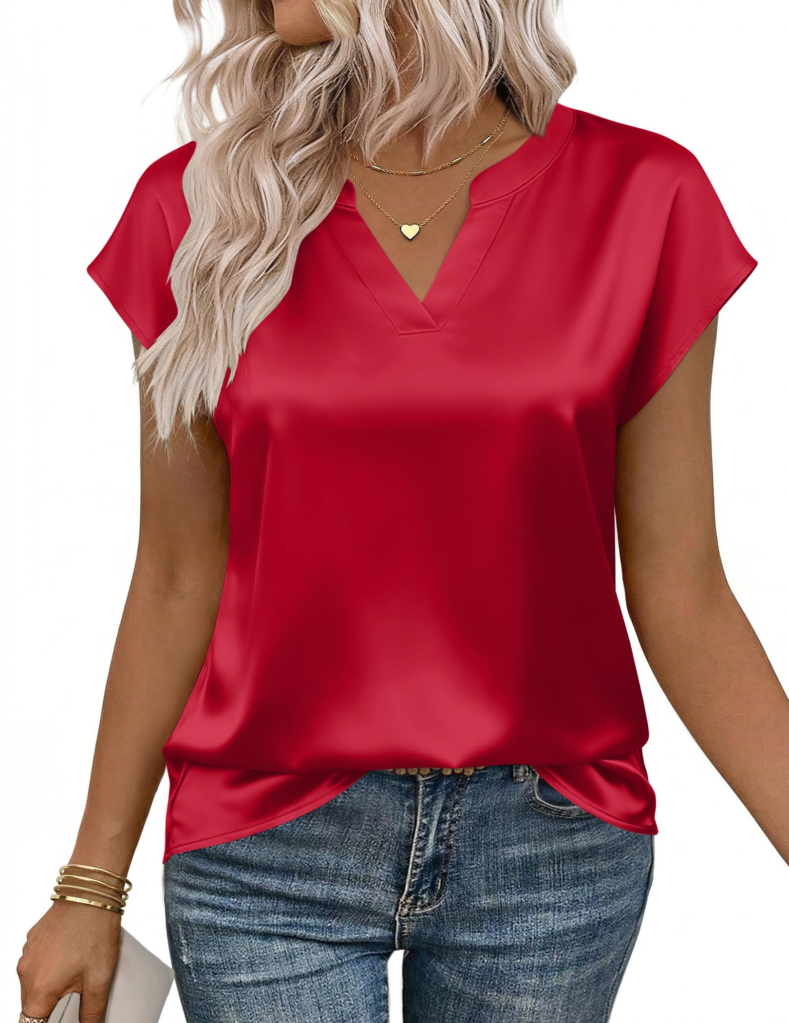 Zeagoo Women Tops Silk Satin Blouses V Neck Summer Shirts Cap Sleeve Business Casual Dressy Spring Clothing — view 12