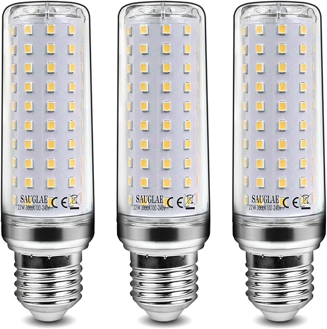 SAUGLAE 22W LED Light Bulbs, 180W Incandescent Bulbs Equivalent, E27 Large Edison Screw, 2500Lm, Warm White 3000K, Pack of 3