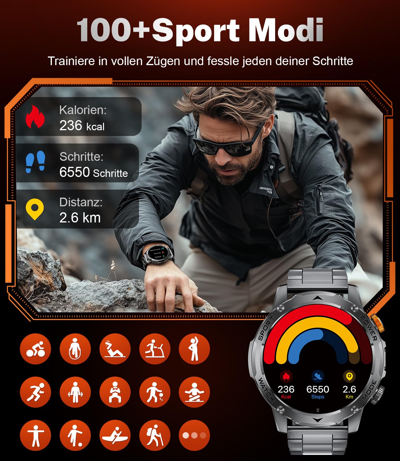 Smartwatch Herren Militär-1000mAh Akku/1.75'' HD Große Display,Smartwatch mit Taschenlampe/Bluetooth Anrufe/130+ Sportmodi,IP68 Wasserdicht Fitnessuhr mit Herzfrequenz/Schlafmonitor,für Android iOS