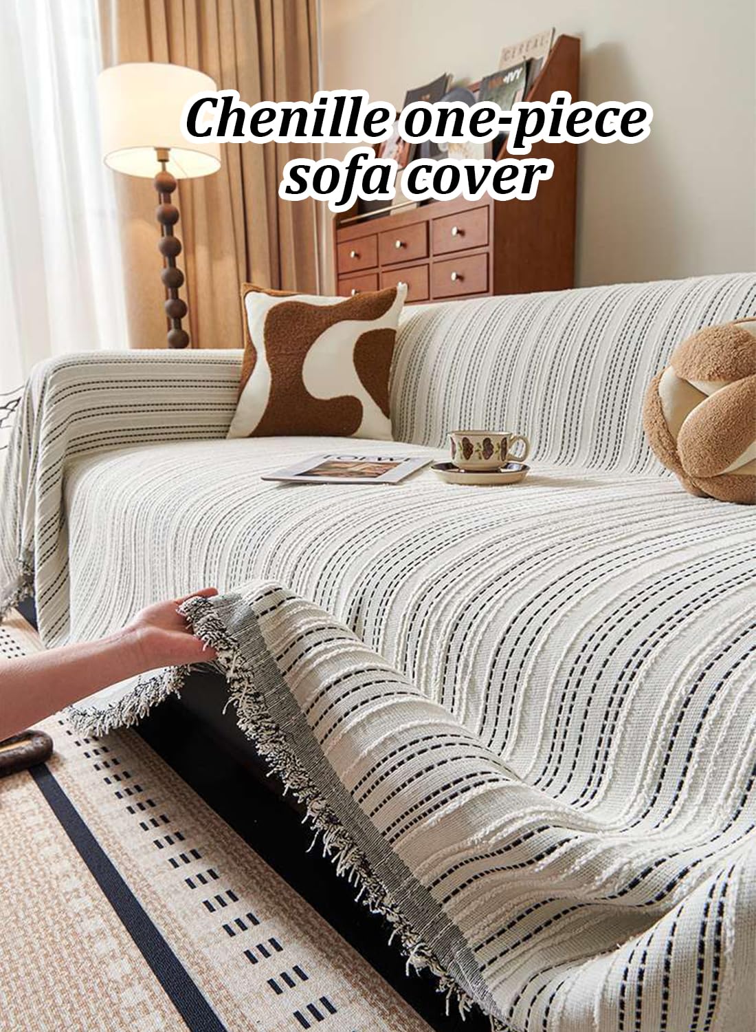 Funda de sofá a rayas lavable para sala de estar, se adapta a sofás Cush de 2, 3, 4, color blanco, 180 x 420 cm