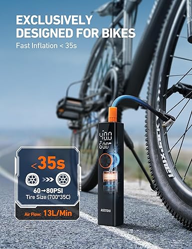 Miniatura 3 de AstroAI Bomba de bicicleta portátil L8, inflador de neumáticos de bicicleta con medidor de presión, motor de alto voltaje de 150 PSI para mini bomba