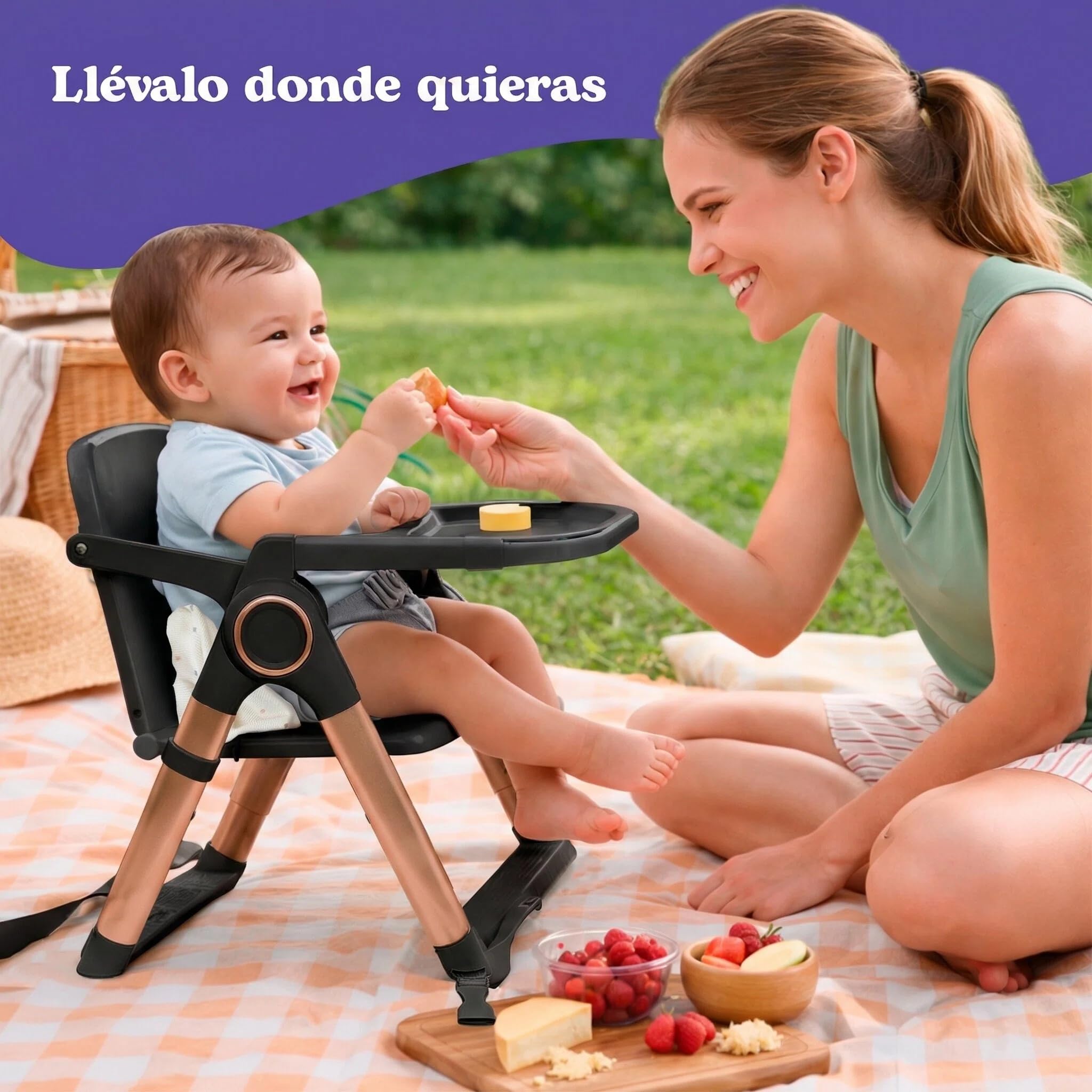 Chaise Haute Bébé Pliable Compacte 2 en 1, Rehausseur Bébé Portable avec Sangles, 4 Hauteurs Réglables, Plateau Amovible, Gain de Place, Sac de Transport, 6-36 Mois jusqu’à 15 kg (Noir Doré)