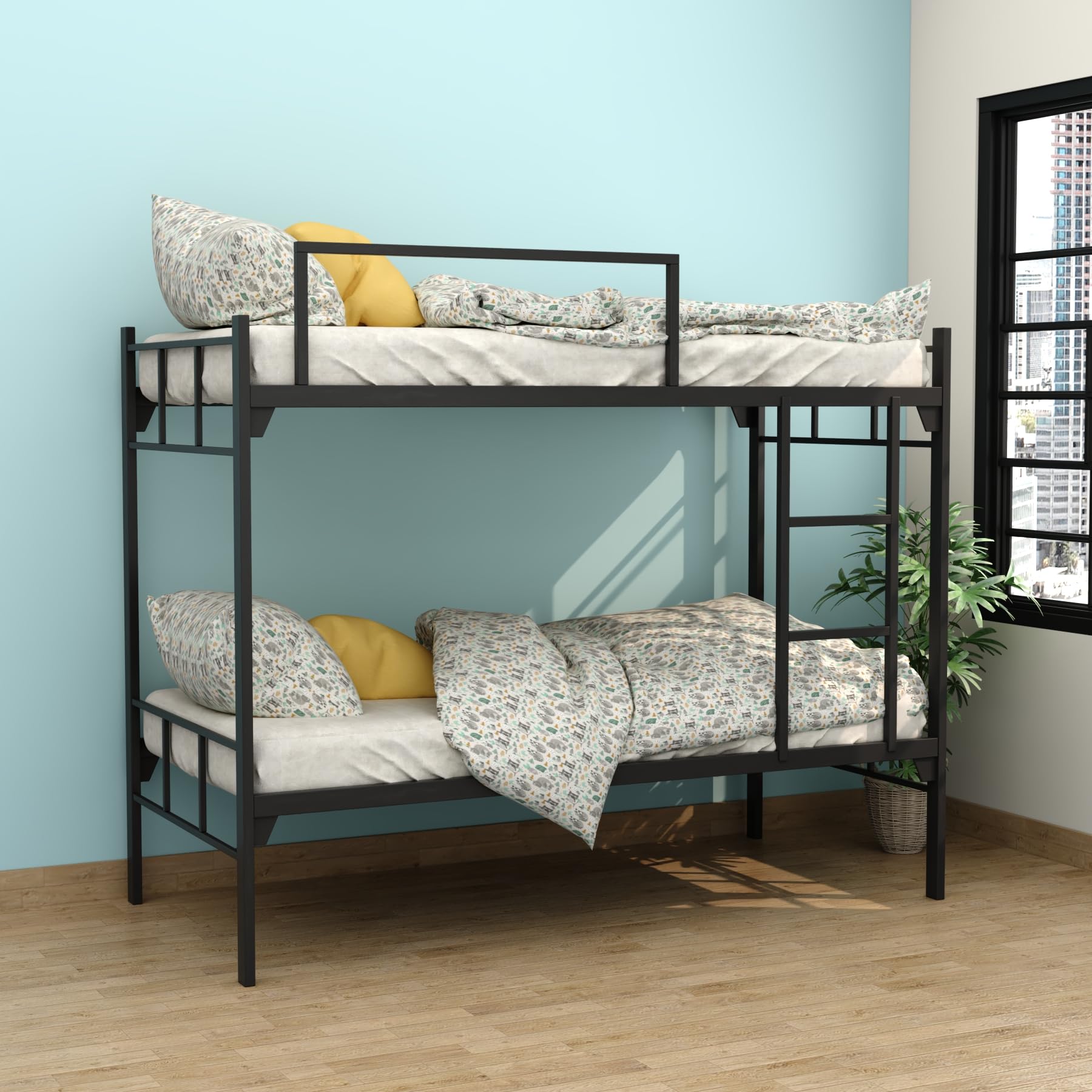 RIGID Heavy Duty Bunk Bed with Metal Frame | Industrial Strength Platform Bed for Hostel, PG, Home | Easy to Assemble Knockdown Bed, Ladder Support, High Load Capacity, Black (95D x 196W x 150H cm)