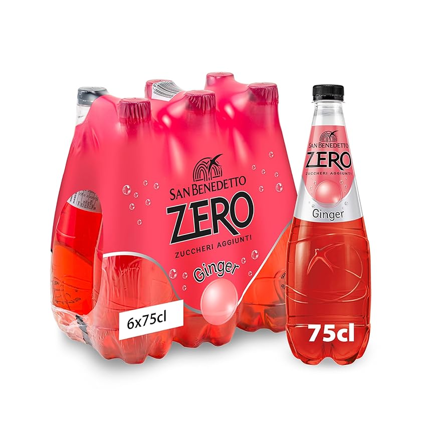 San Benedetto Ginger Zero, Bibita Analcolica Gassata, 6 x 750 ml, Zero Zuccheri Aggiunti e Pochissime Calorie, Rinfrescante e Leggera