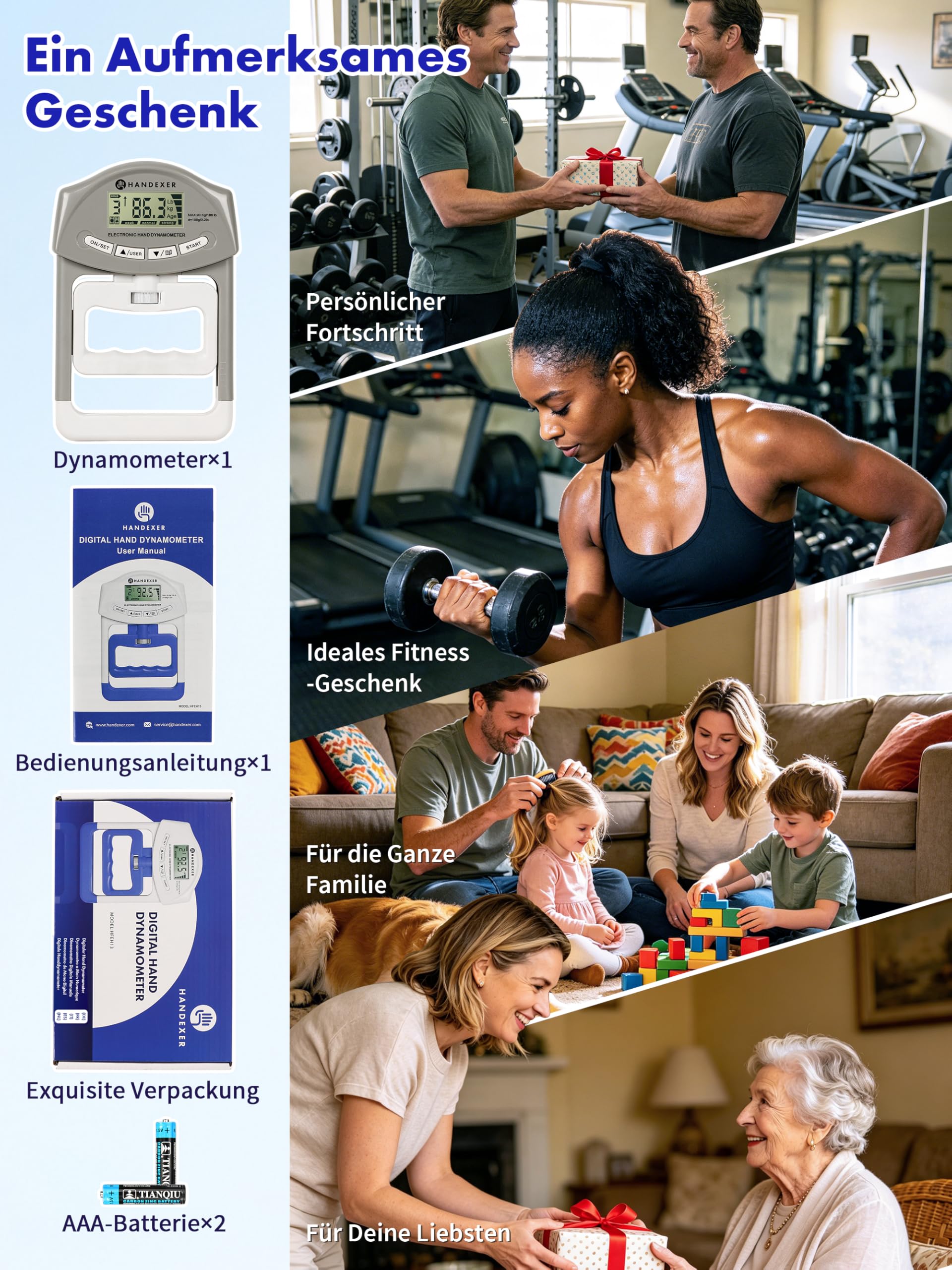 Digitaler Griffkraftmesser 0-120kg – Professionelles Handdynamometer mit LCD-Display, Verstellbarem Griff & Alters-Normtabelle für Kraftmessung, Training