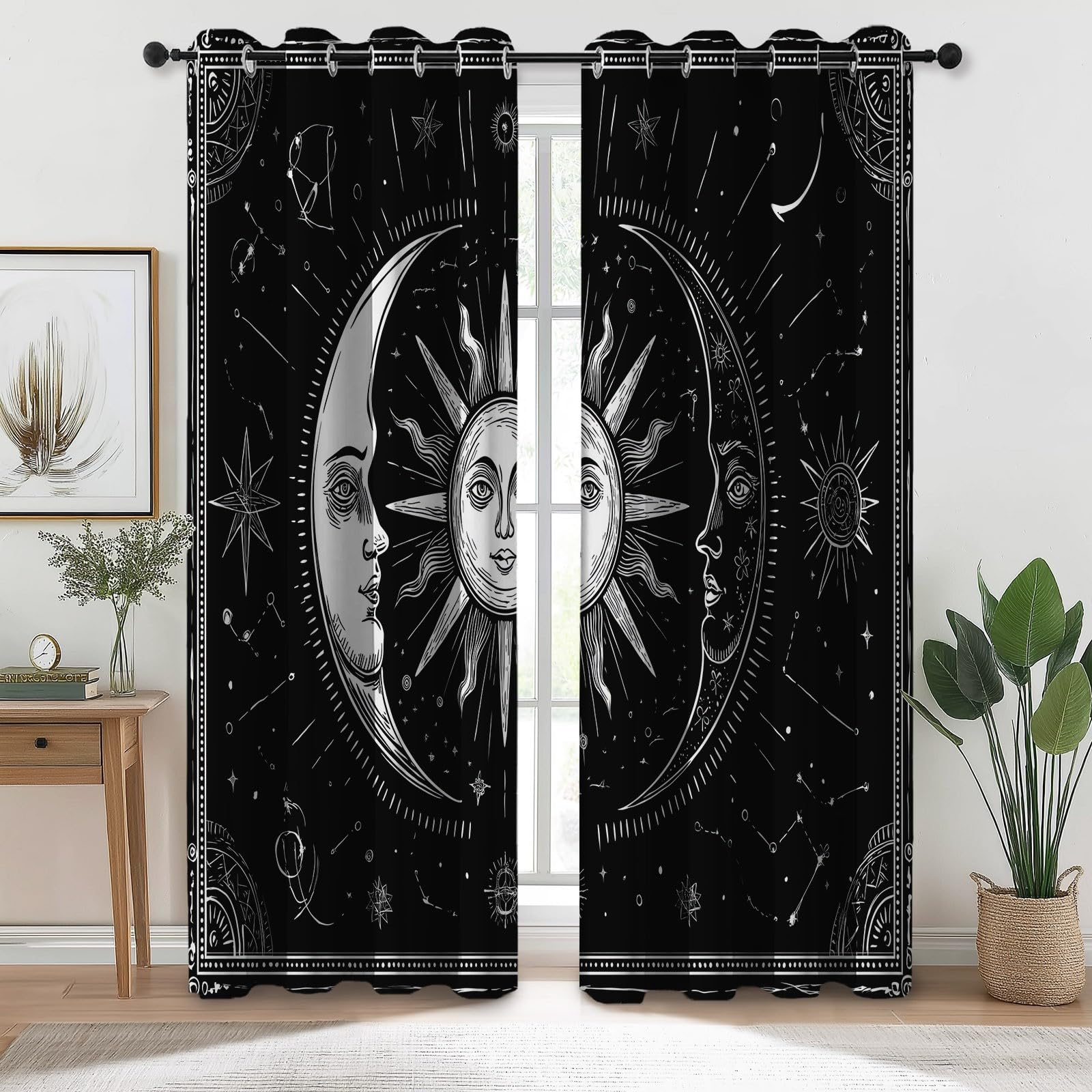 Tende Oscuranti Termiche L 140 x A 260 cm 2 Pezzi Retro Fantasy Sole Luna E Astrologia Nero Anti Luce Anti UV Isolanti Dal Calore Con Occhielli