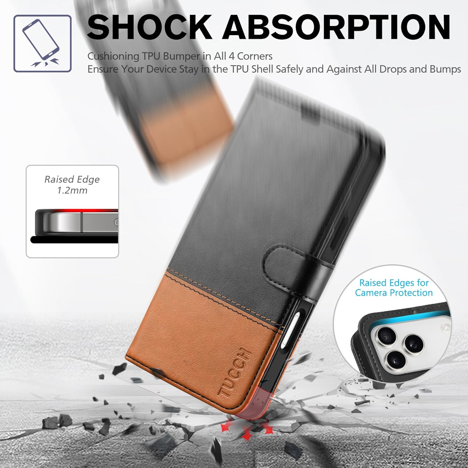 TUCCH Wallet Case for iPhone 17 Pro Max (6.9") 2025, RFID Blocking 4 Card Slots, Kickstand, Shockproof TPU Shell, PU Leather, Magnetic Closure, Protective Flip Folio Cover, Black & Brown