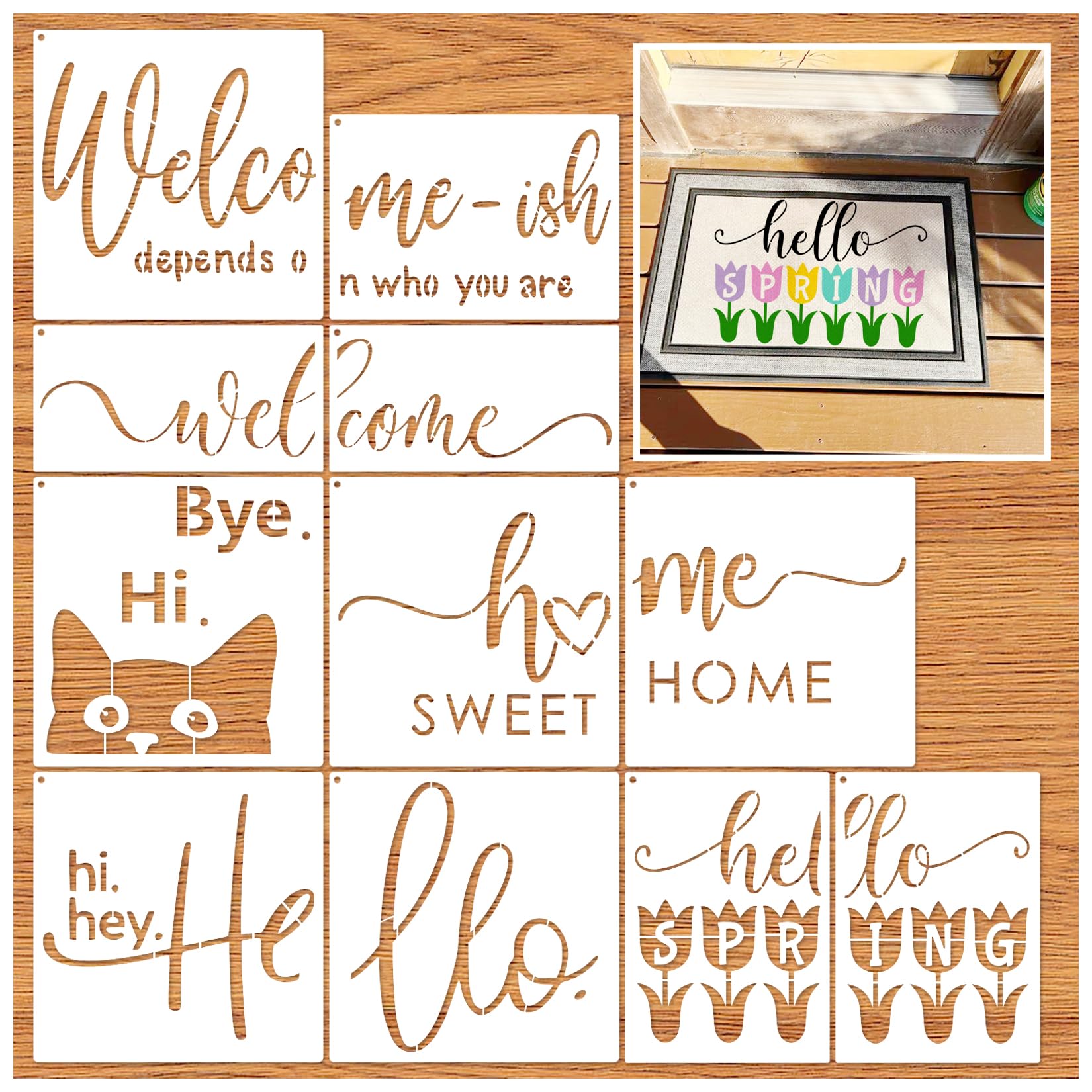 Plantillas reutilizables con texto Hello Welcome Home para manualidades