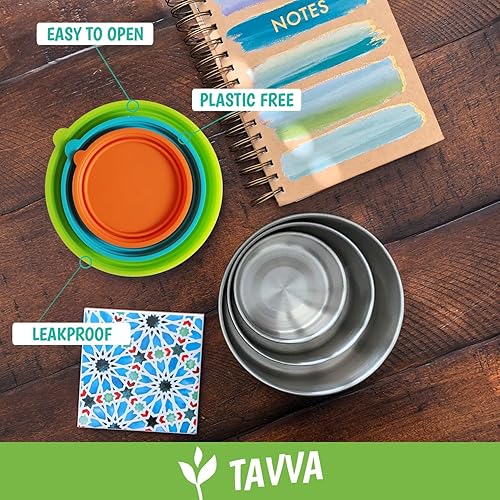 Miniatura 6 de TAVVA Lonchera de acero inoxidable para niños, 12 onzas, 7 onzas, 3 onzas, lonchera de metal sin BPA con tapas de silicona a prueba de fugas,