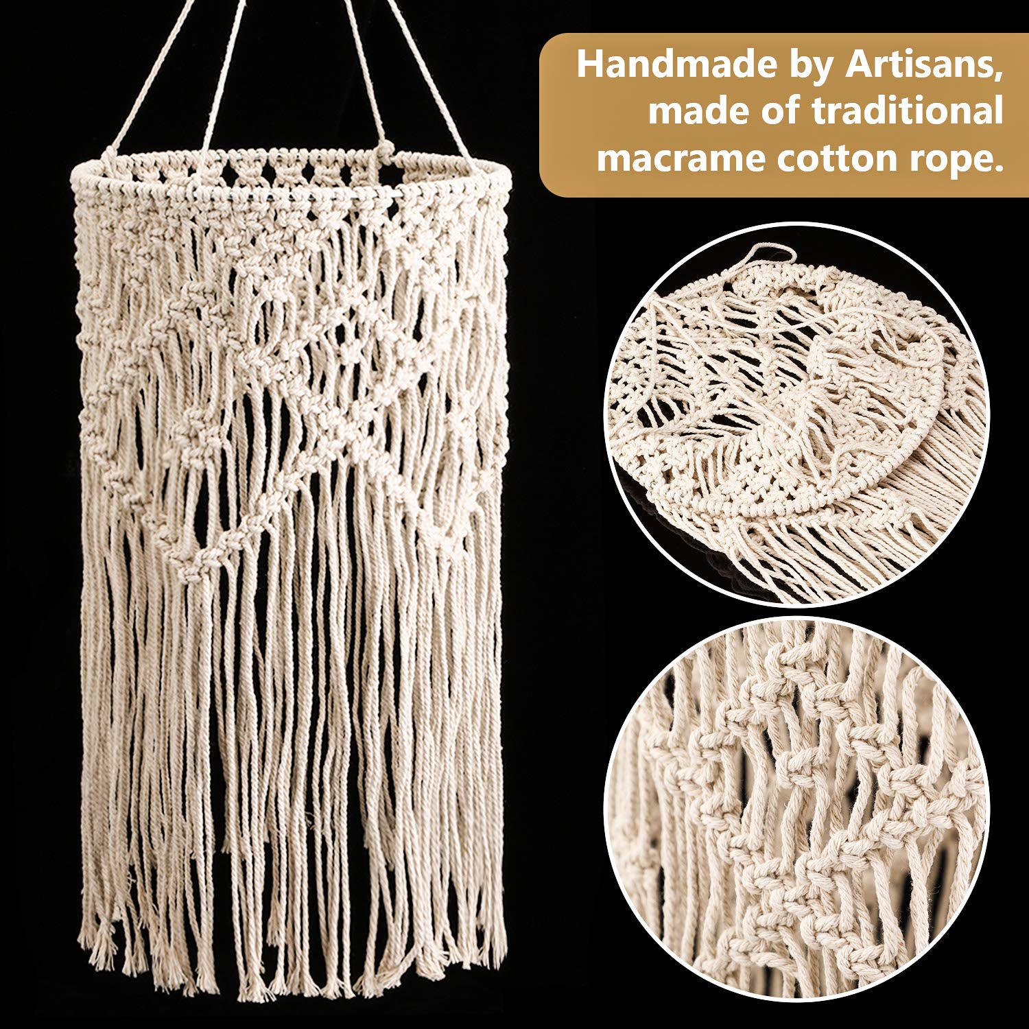 Lámpara colgante bohemia de macramé, cubierta de luz para decoración de techo para sala de estar, dormitorio y baño, color blanco cálido, bombilla no incluida 3