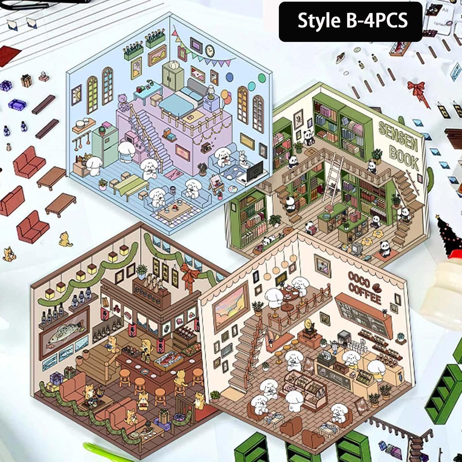 Isometric Stickers 3d Sticker Scene 2 Sets DIY 3D House Stickers, Fun DIY Make Your Own Stickers For Adults Kids Relief Stress Pass The Time, Fun Cute Room Sticker Book Sticker Room