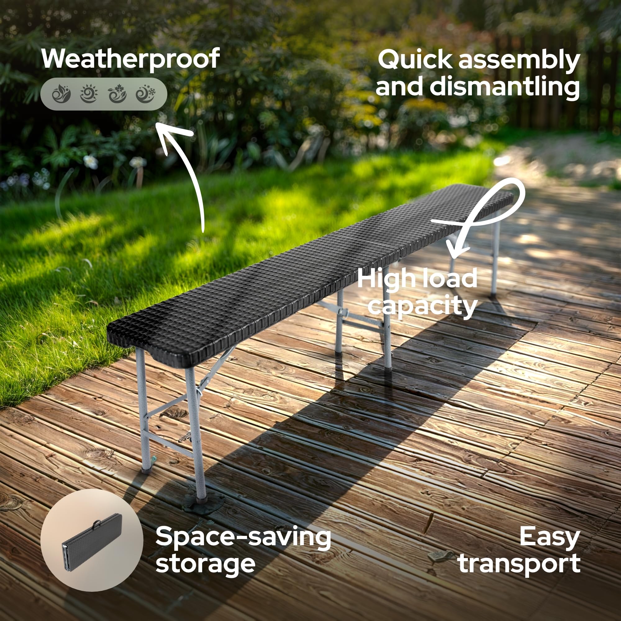Arebos 2 panchine pieghevoli da birra, con maniglia per il trasporto, 183 x 28 x 43 cm, pieghevole, da campeggio, da giardino, da giardino, da giardino, da 2 pezzi, colore nero