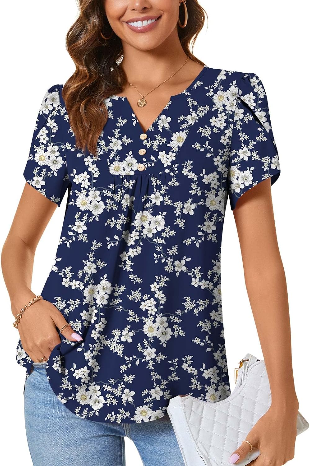 CATHY Women’s Petal Short Sleeve Tunic Tops Dressy Summer Blouses V Neck Button Cute Shirts