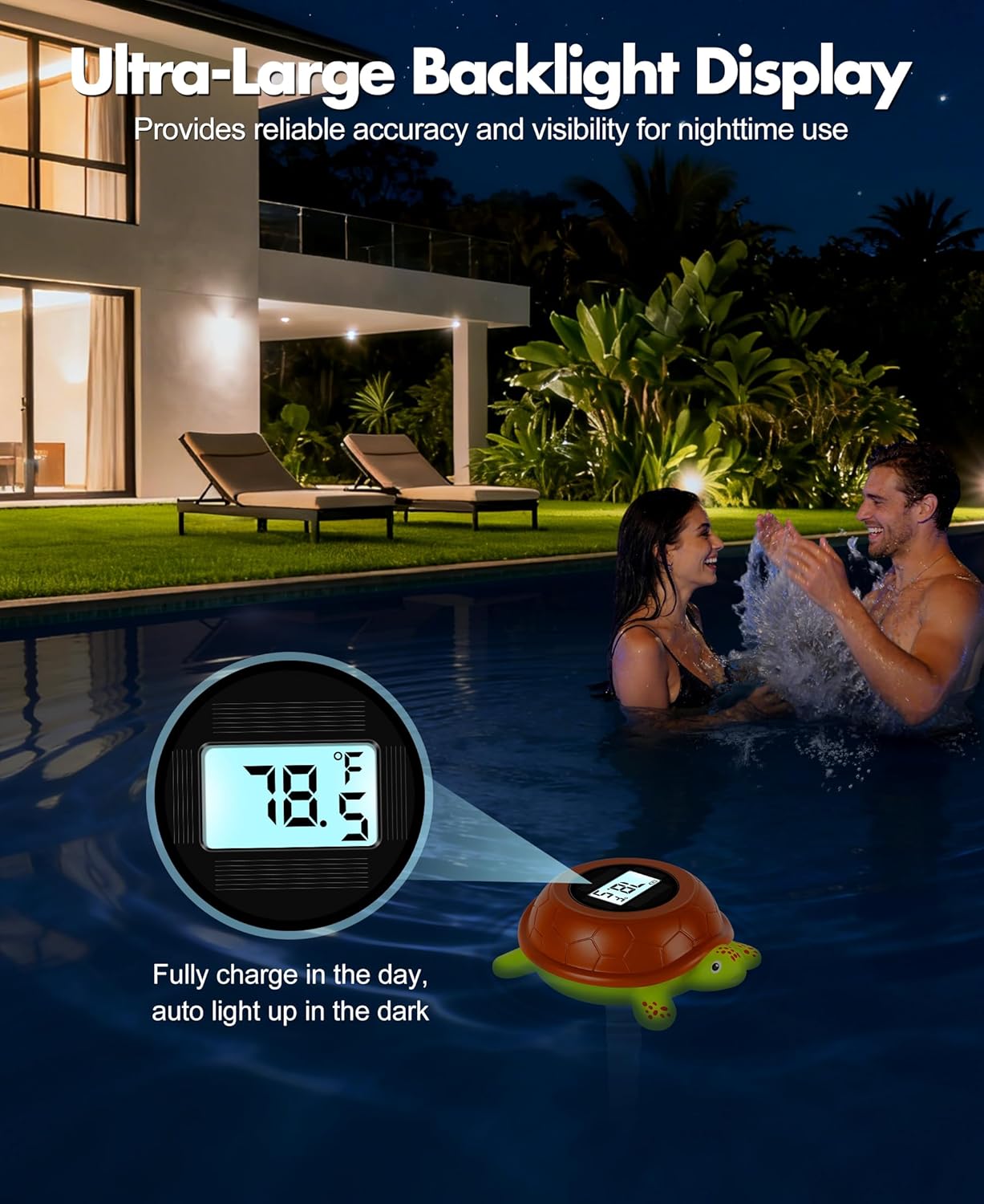 LuxBlue Turtle Floating Pool Thermometer Solar Powered | Ultra-Precise Digital Pool Thermometer with Rope & Large LCD Backlit Screen for Easy Read | Pools Water Temperature Guage for Hot Tub, Spa