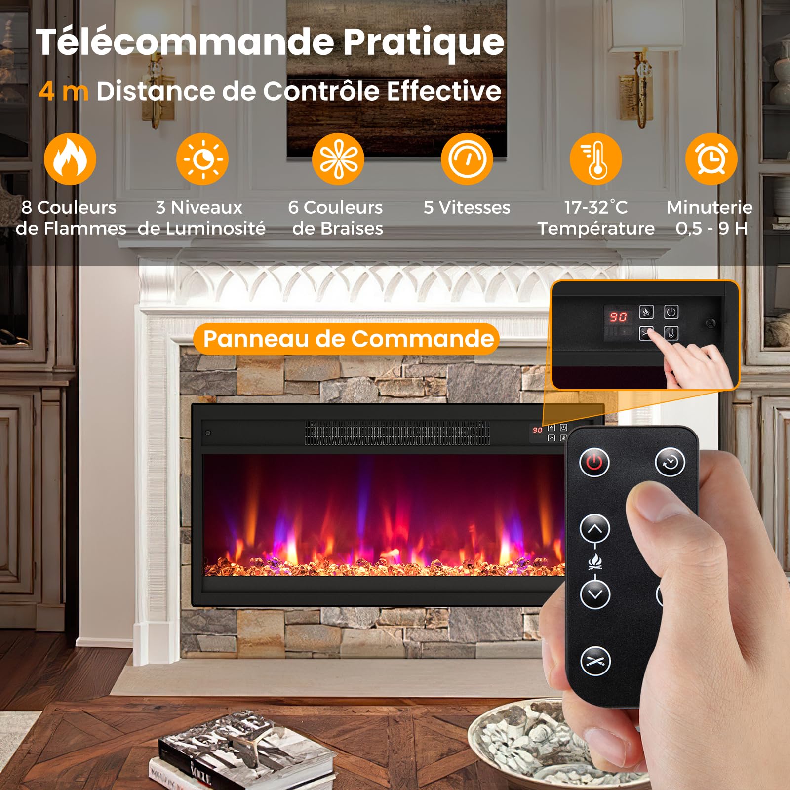 GOPLUS Cheminée Electrique avec Effet Flamme LED 1500W, Chauffage Réglable 17-32℃, Fausse Cheminée 8 Couleurs et 3 Luminosité Réglable, Cheminee Decorative Intégral avec Télécommande, Minuterie 9H