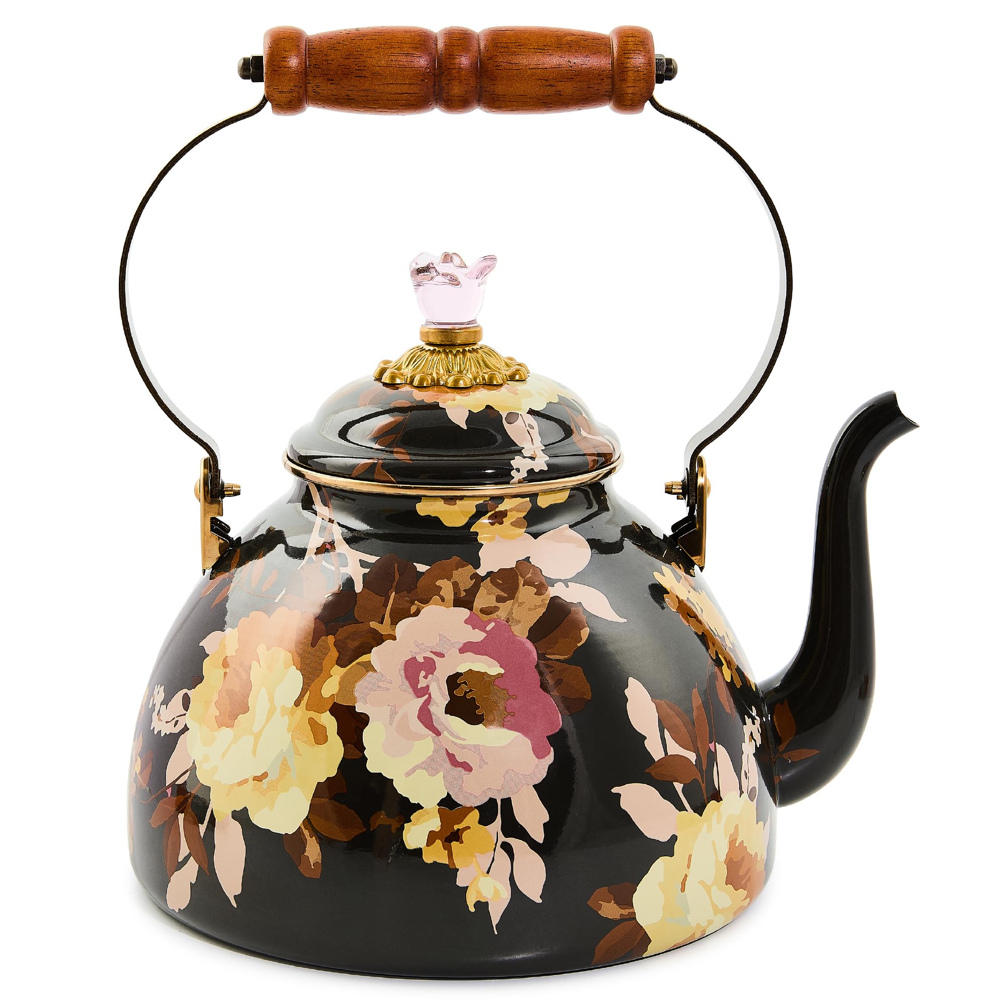 MACKENZIE-CHILDS Enamel Tea Kettle, Decorative Tea Kettle for Stovetop, 3 Quarts, Wild Rose Brown