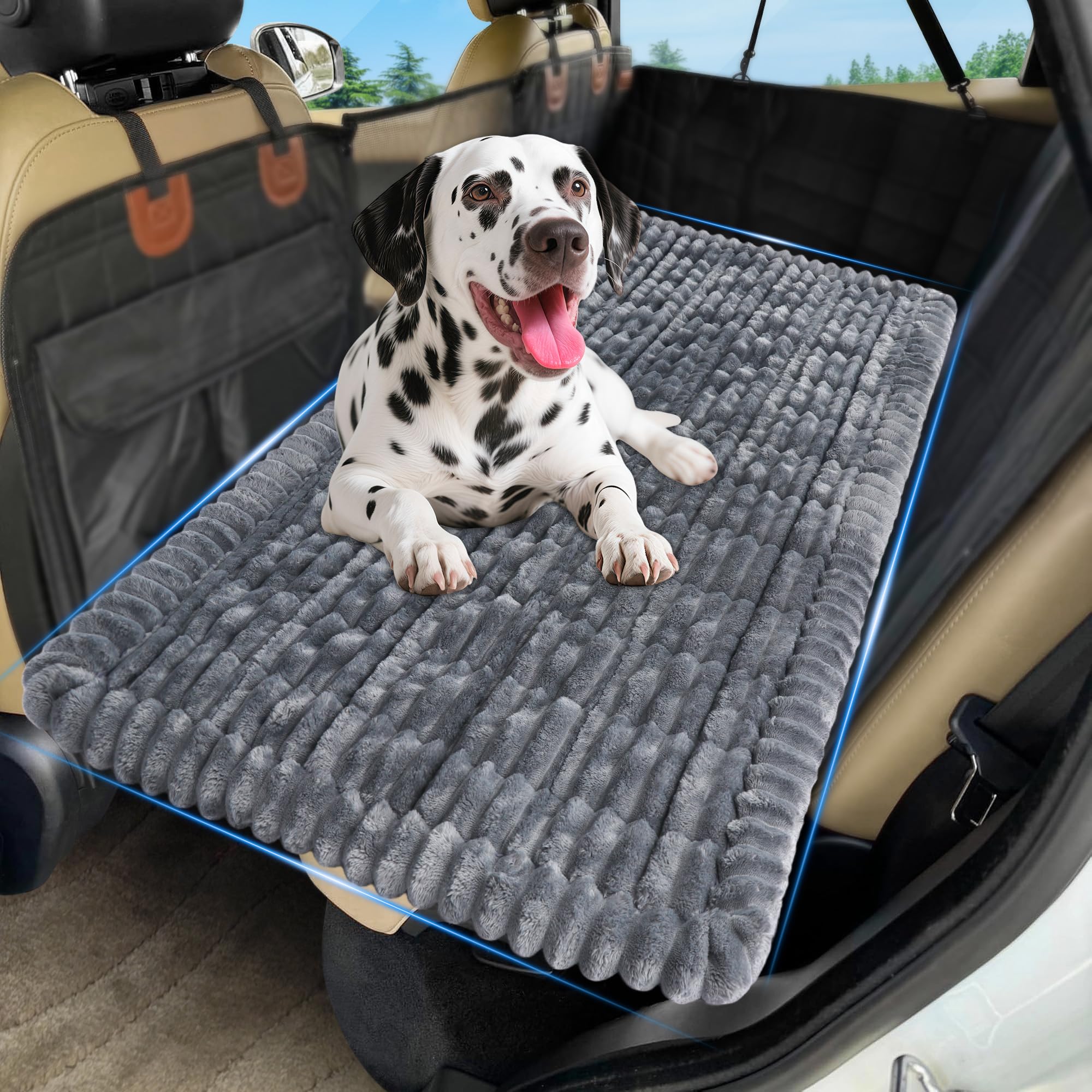 Loiion Dog Car Seat Cover for Back Seat, Non Slip Travel Pet Car Seat Protector, Washable Plush Flannel Dog Travel Mat for Car Back Seat with Soft Padding, 127×62.5×2.5cm, Dark Grey