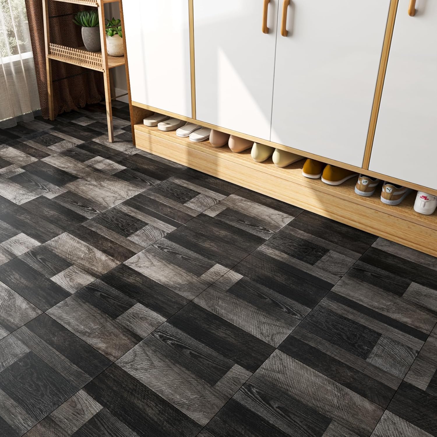 FunStick 30×30CM 30 Piastrelle Adesive Pavimento Nero Effetto Legno Pavimento in Vinile Adesivo Bagno Impermeabile Mattonelle in PVC Adesive per Cucina Scuro Adesivi Piastrelle Bagno Effetto Legno