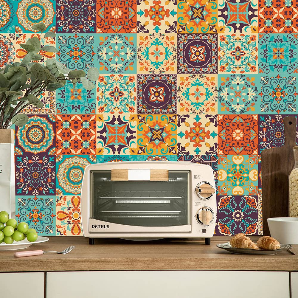 Samoprzylepne naklejki na kafelki z PCV | Żółta Mandala, 24 szt., 10-20 cm, Backsplash w kuchni i łazience: Dekoracja ścienna(24 Pcs/15x15cm)