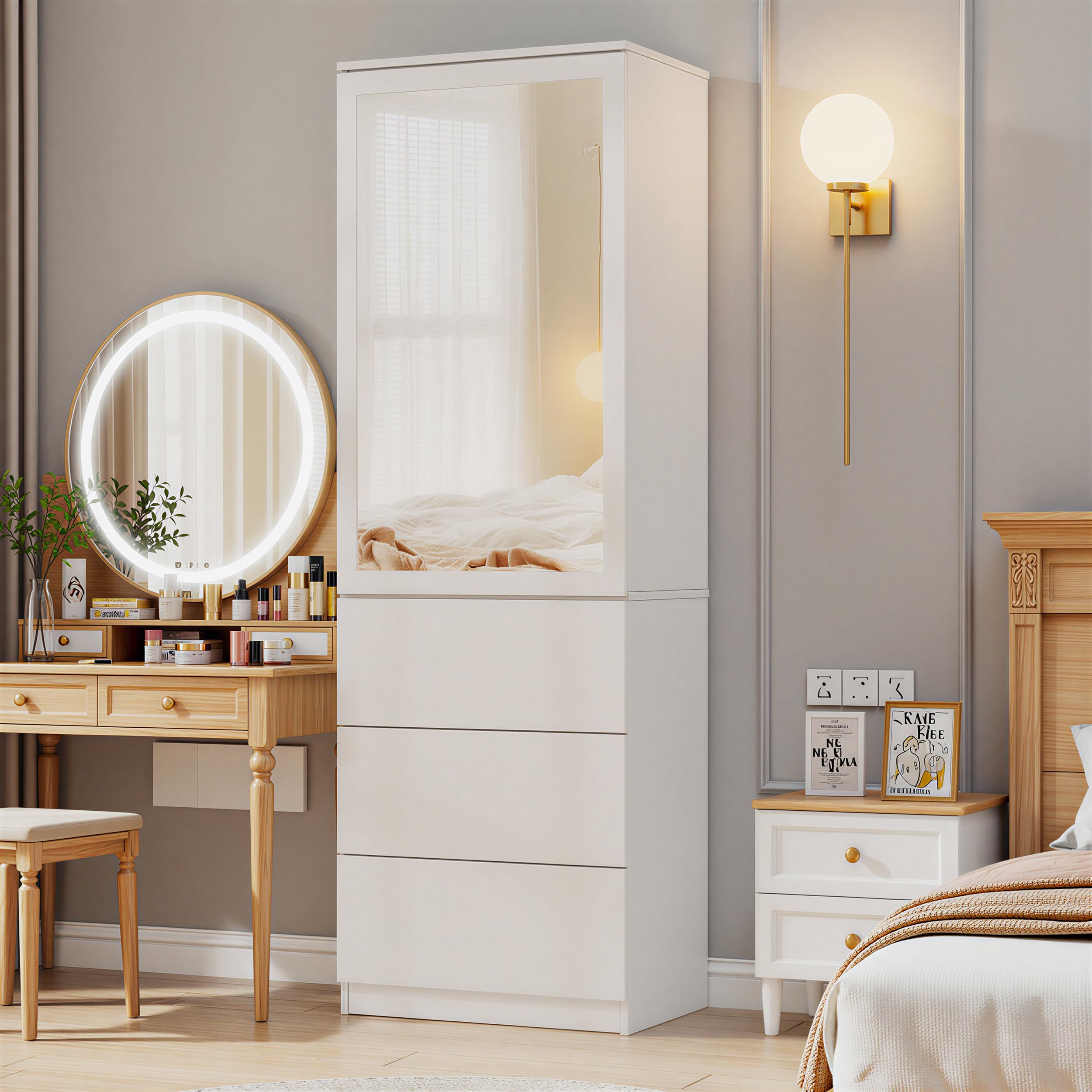 Kleiderschrank mit Spiegel Mehrzweckschrank mit 3 Einlegeböden & 3 Schubladen Garderobenschrank Klein Schlafzimmerschrank 50CM Breit Universalschrank SchmalerSchrank für Schlafzimmer Flur Arbeitszimme