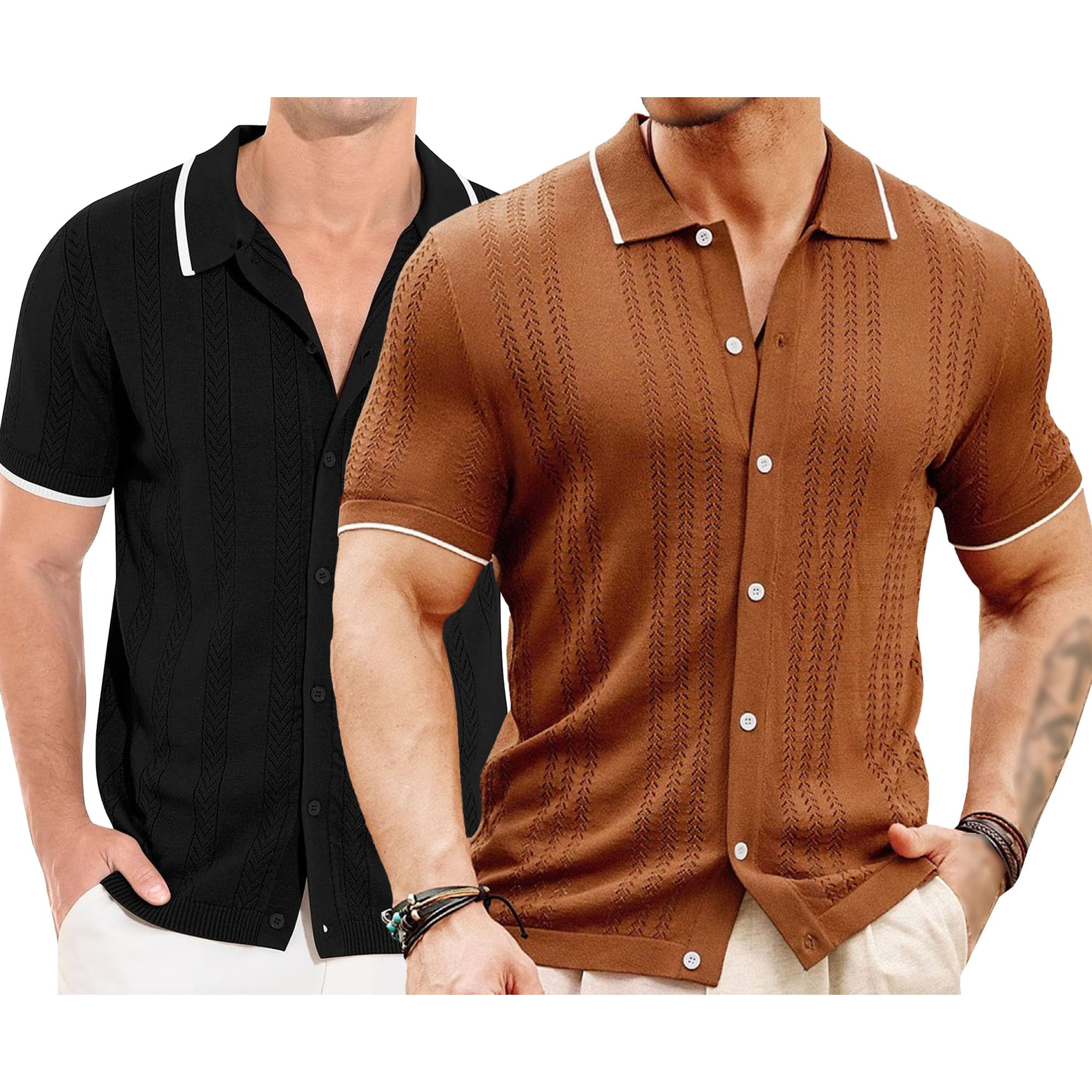 Camisa de playa de punto casual para hombre, estilo vintage, con cuello cubano, manga corta, con botones