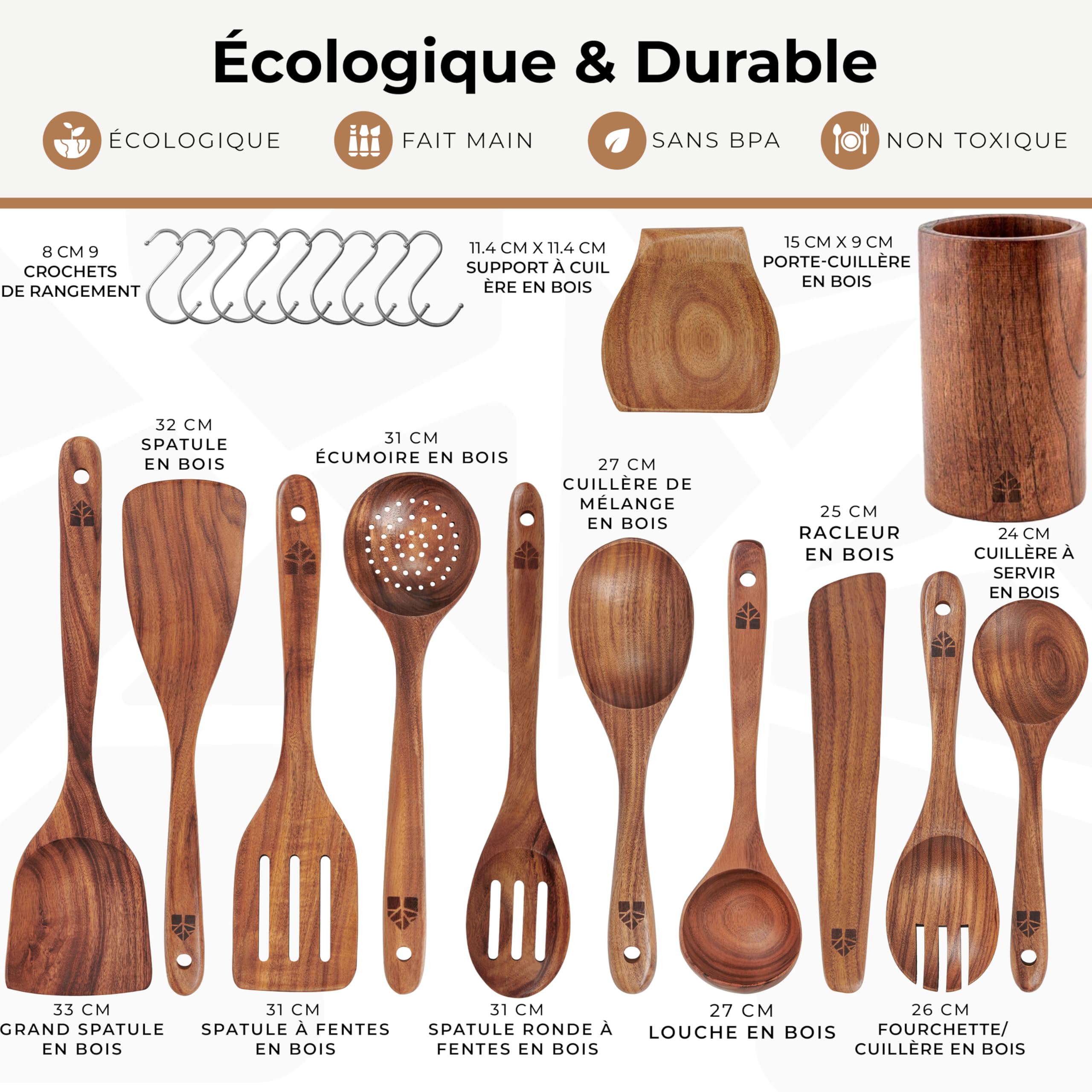 Ustensiles de Cuisine Bois – Ensemble Premium en Teck 22 Pièces avec Cuillère en Bois, Spatule, Crochet, Pot à Ustensiles et Repose-Cuillère – Résistants à la Chaleur, Anti-Rayures, Faciles à Nettoyer