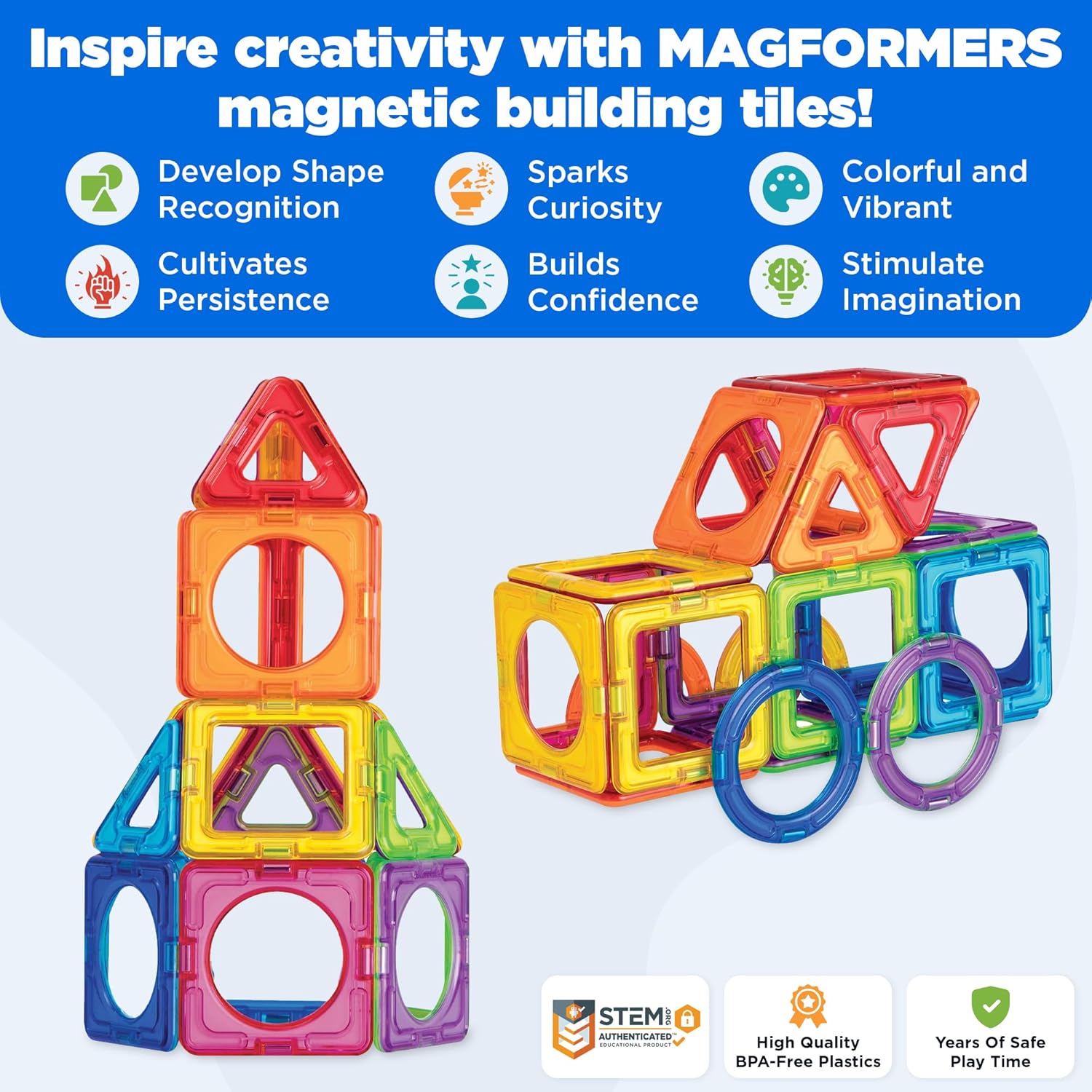 MAGFORMERS Basic Plus 30Piece, Rainbow Colors, Educational Magnetic Geometric Shapes Tiles Building STEM Toy Set Ages 3+
