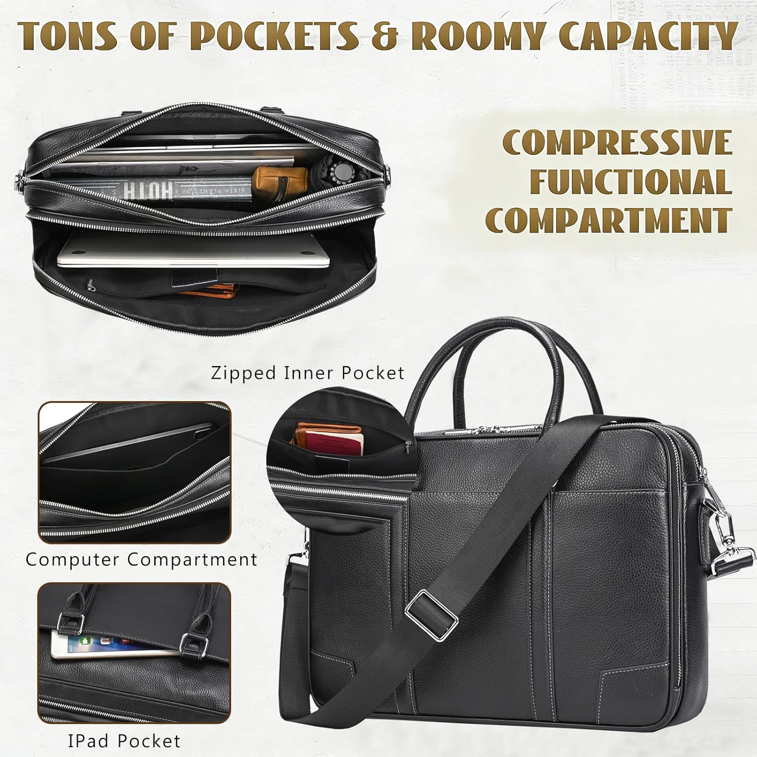 Leather Laptop Bag for Men Briefcase Fits 15.6 Inch Notebook Portable Shoulder Messenger Crossbody Bag for Travel Office