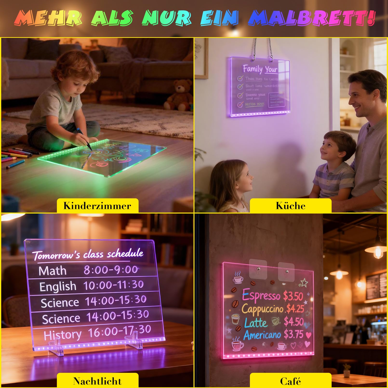 LED Kinder-Zeichenbrett 13 Farben 6 Modi 35x25cm Maltafel Memo Nachtlicht | Bunte LED-Optionen (fest, blinkend, fade) fördern Kreativität und bieten abwechslungsreichen Malspaß für Kinder